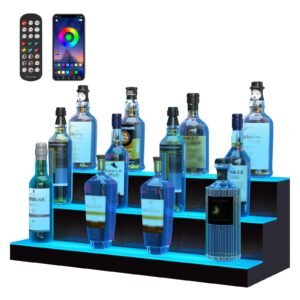 led lighted liquor bottle display 3 tiers 30 inch commercial illuminated home bar shelf 3 steps whiskey rack stand acrylic drink shelves with rf remote app control and multicolor lighting 4.jpg
