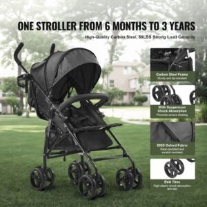 lightweight stroller compact easy fold multiposition recline canopy backrest carbon steel frame large storage basketcup holder umbrella toddler baby stroller for travel and more black 3.jpg