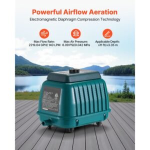 linear air pump, 2219.04 gph air flow, septic aerator pump, aeration system for 11 ft deep ponds, fit for septic tanks, aquariums, waste treatment, seafood restaurants, fish farms, hydroponics