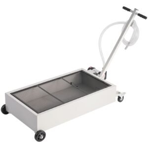 Low Profile Oil Drain Pan, 20 Gallon Capacity, Rolling Oil Drain Pan with Electric Pump, 7.2 ft Hose & T Folding Handle, Leak-proof & Corrosion-resistant, Fit for Cars, SUVs, Trucks, ATVs, White
