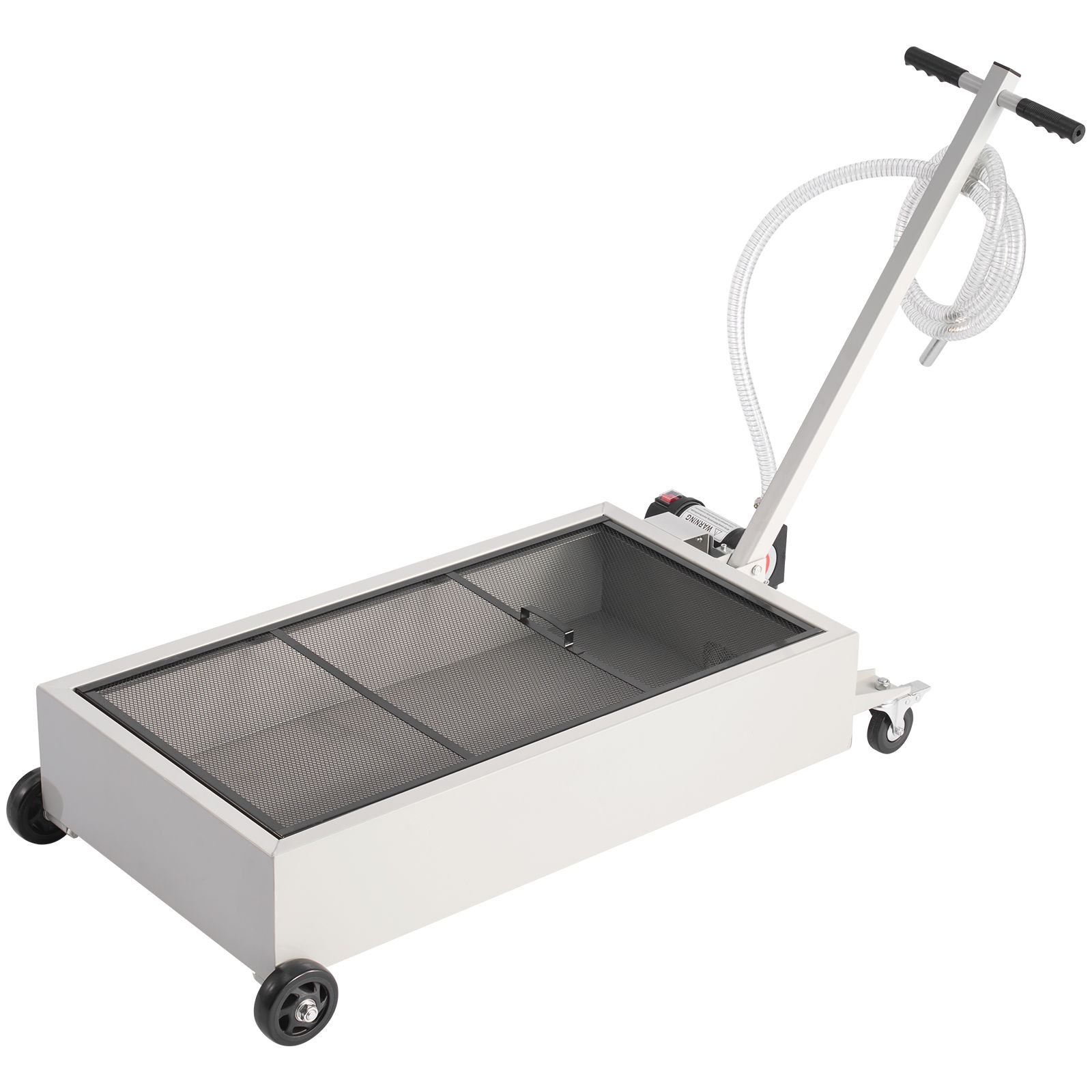 low profile oil drain pan, 20 gallon capacity, rolling oil drain pan with electric pump, 7.2 ft hose & t folding handle, leak proof & corrosion resistant, fit for cars, suvs, trucks, atvs, white