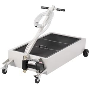low profile oil drain pan, 20 gallon capacity, rolling oil drain pan with electric pump, 7.2 ft hose & t folding handle, leak proof & corrosion resistant, fit for cars, suvs, trucks, atvs, white