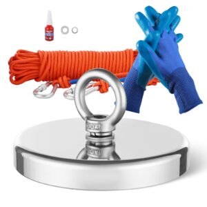 Magnet Fishing Kit, 1300 LBS/590 Kg Single-Sided Pulling Force Strong Magnet Fishing Kit, Rare Earth Neodymium Magnetic Fishing Kit Includes Grappling Hook, Heavy Duty Rope, Gloves and Eyebolt