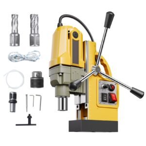 Magnetic Drill, 1200W Motor 1.6 in Boring Diameter, 2810 lbf Electric Mag Drill Press, with 2 Coring Bits, Variable Speed, Drilling Machine for Metal Surface, Home Improvement Industry, Yellow
