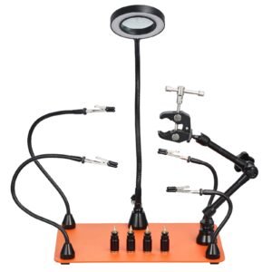 Magnetic Helping Hands Soldering Station, Third Hand Soldering Tool with 3X LED Magnifying Lamp, 4 PCB Holders & 360 Hot Air Gun Holder, Heavy-Duty Base Station for Electronic Repair Craft Hobby
