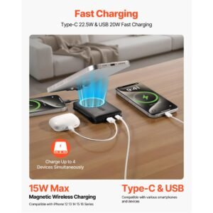 magnetic power bank, 10000 mah battery pack, wireless magsafe compatible portable charger, with smart led display, foldable stand, fast charging for iphone16/15/14/13/12 series, samsung, huawei