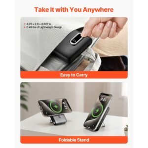 magnetic power bank, 10000 mah battery pack, wireless magsafe compatible portable charger, with smart led display, foldable stand, fast charging for iphone16/15/14/13/12 series, samsung, huawei