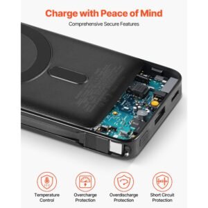 magnetic power bank, 10000 mah battery pack, wireless magsafe compatible portable charger, with smart led display, foldable stand, fast charging for iphone16/15/14/13/12 series, samsung, huawei