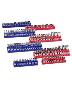 Magnetic Socket Organizer Set, 8PCS Socket Holder, 1/4'', 3/8'' & 1/2'' Metric SAE Socket Trays with Clear Labels, Hold up to 199PCS Standard & Deep Sockets, Blaue & Red (Sockets Not Included)
