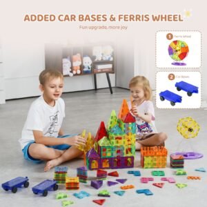 magnetic tiles 180 pcs magnetic building blocks for kids magnet building set with 2 car bases ferris wheel stand stem educational construction stacking toys for toddlers boys girls aged 5 2.jpg