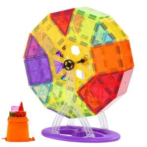 Magnetic Tiles, 180 PCS Magnetic Building Blocks for Kids, Magnet Building Set with 2 Car Bases & Ferris Wheel Stand, STEM Educational Construction Stacking Toys for Toddlers Boys Girls Aged 5+