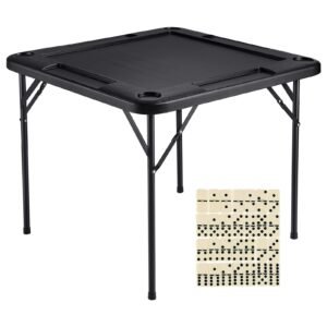 Mahjong Table, Square 4 Player Folding Card Table with 4 Cup Holders & 4 Chip Trays, Portable Domino Game Table with 1 Set of Dominoes for Mahjong Poke Puzzles, 35.4 x 35.4-inch, Black