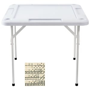 Mahjong Table, Square 4 Player Folding Card Table with 4 Cup Holders & 4 Chip Trays, Portable Domino Game Table with 1 Set of Dominoes for Mahjong Poker Puzzles, 35.4 x 35.4-inch, White
