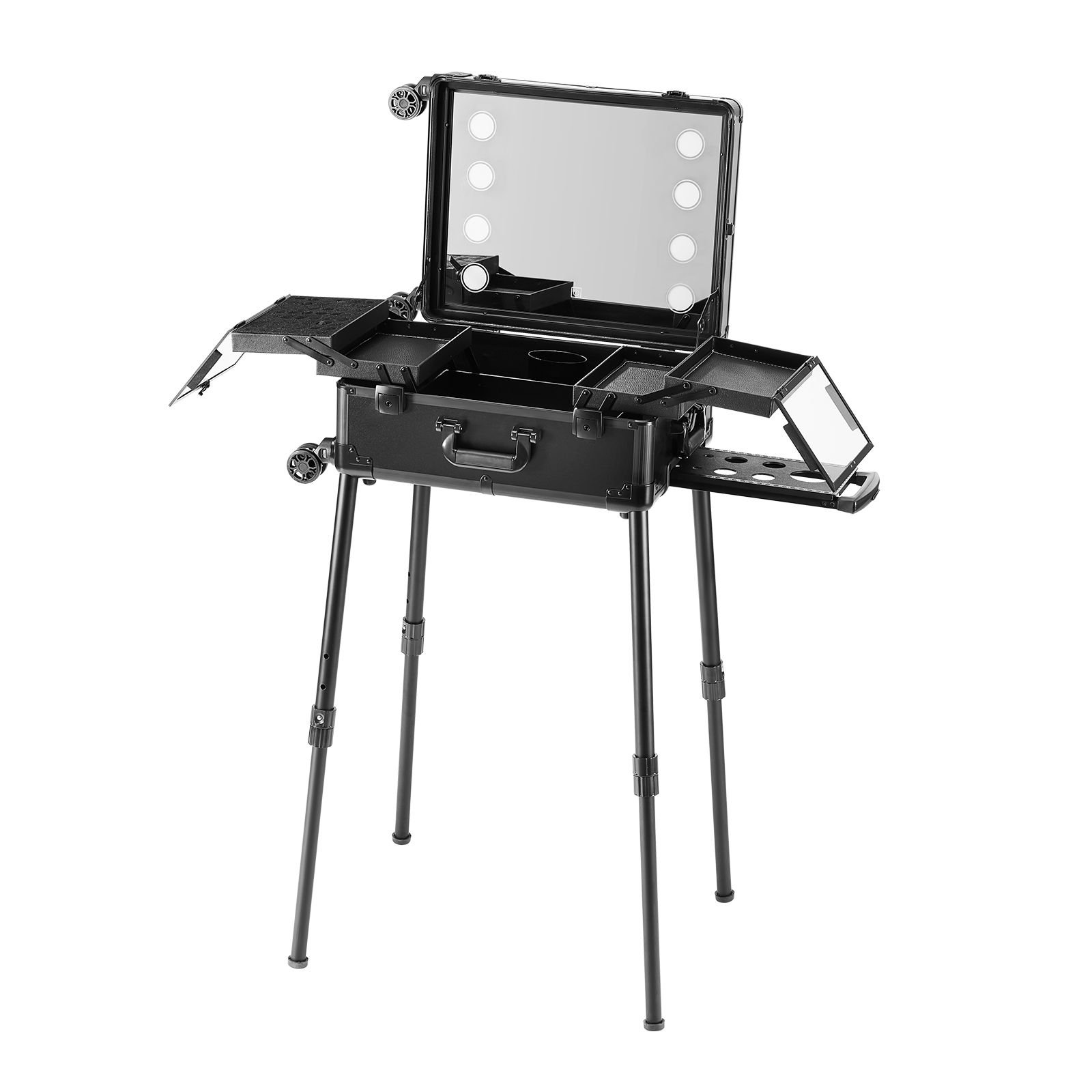 makeup train case with lock lighted mirror 4 storage trays brush holder travel cosmetic organizer box w swivel wheels professional artist trolley studio free standing case.jpg