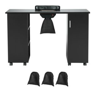 Manicure Table, Nail Table Station with Electric Dust Collector, Moveable Nail Tech Desk with 8 Wheels (4 Lockable), 3 Dust Bag & Wrist Rest, MDF Nail Art Workstation for Spa Beauty Salon, Black