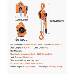 manual lever chain hoist 3t 6600lbs capacity heavy duty come along 20ft lift g80 alloy steel chain with dual pawl mechanical brake360rotating hooks for warehouse construction garage 3.jpg
