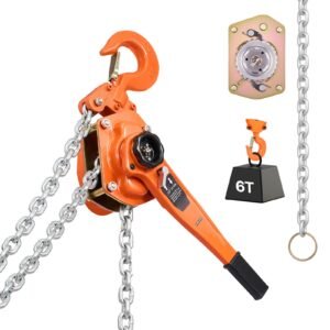 Manual Lever Chain Hoist, 6T 13200LBS Capacity Heavy Duty Come Along, 10FT Lift G80 Alloy Steel Chain With Dual Pawl Mechanical Brake,360°Rotating Hooks, for Warehouse Construction Garage