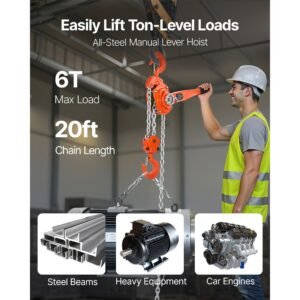 Manual Lever Chain Hoist, 6T 13200LBS Capacity Heavy Duty Come Along, 20FT Lift G80 Alloy Steel Chain With Dual Pawl Mechanical Brake,360°Rotating Hooks, for Warehouse Construction Garage