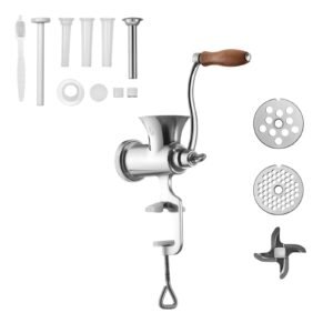 Manual Meat Grinder, 304 Stainless Steel Hand Crank Meat Mincer with Steel Table Clamp, Sausage Stuffer with 2 Cutting Plates & 4 Sausage Tubes, Food Grinder for Beef Chili Pork Kitchen Tabletop