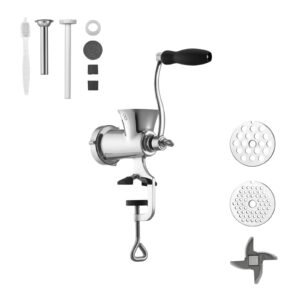 manual meat grinder, 304 stainless steel hand crank meat mincer with steel table clamp, sausage stuffer with 2 cutting plates & sausage tube, food grinder for beef chili pork kitchen tabletop