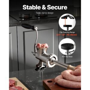 manual meat grinder, 304 stainless steel hand crank meat mincer with steel table clamp, sausage stuffer with 2 cutting plates & sausage tube, food grinder for beef chili pork kitchen tabletop