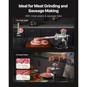 manual meat grinder, 304 stainless steel hand crank meat mincer with steel table clamp, sausage stuffer with 2 cutting plates & sausage tube, food grinder for beef chili pork kitchen tabletop
