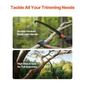 Manual Pole Saw, 4.46-26.4 ft Extendable Tree Pruner, Sharp 65Mn Steel Blade, Lightweight Fiberglass Handle Pole, Two Double-Hook Saws for High Branch Trimming, Pruning Tool for Palms, Shrubs