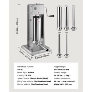 manual sausage stuffer 11 lbs 5 l vertical meat stuffer dual speed sausage casing meat filling machine stainless steel heavy duty filler with 5 stuffing tubes for commercial home use 5.jpg