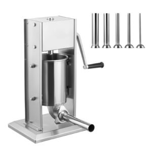 Manual Sausage Stuffer, 7 LBS / 3 L Vertical Meat Stuffer, Heavy Duty Sausage Casing Meat Stuffing Machine, Dual-Speed Stainless Steel Filler with 5 Filling Tubes, for Commercial and Home Use