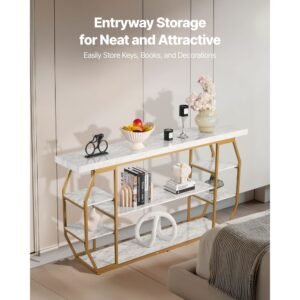 marble console table 3 tiers modern console table for open storage golden geometric table with iron tubes anti tip device and triangular support for living room hallway entryway foyer 3.jpg