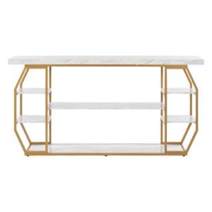 Marble Console Table, 3 Tiers Modern Console Table for Open Storage, Golden Geometric Table with Iron Tubes, Anti-Tip Device and Triangular Support for Living Room, Hallway, Entryway, Foyer