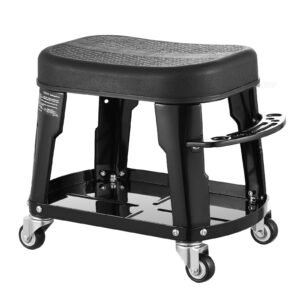 Mechanic Stool, 300 lbs Capacity Garage Seat/Work Stool with Wheels, 360° Swivel Rolling Workshop Stool with Tool Tray and Screwdriver Rack, Heavy-Duty, for Garage, Shop & Auto Repair, Black