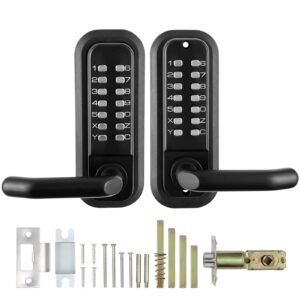 Mechanical Keyless Entry Door Lock, 14 Digit Keypad, Double-sided Embedded Outdoor Gate Door Locks Set with Handle and Keypad, Water-proof Zinc Alloy, Easy to Install, for Yard, Garden, Garage