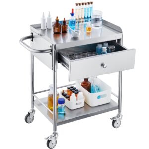 Medical Cart, 2-Layer Stainless Steel Cart 220 lbs Weight Capacity, Lab Utility Cart with 360° Silent Wheels and a Drawer for Lab, Clinic, Kitchen, Salon