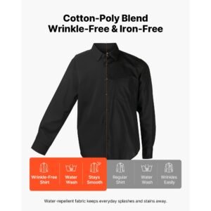 men's button up shirt, mens long sleeve wrinkle free button down dress shirts, slim fit soft stretch fabric for business casual or formal, work, wedding, dinner, black, l size