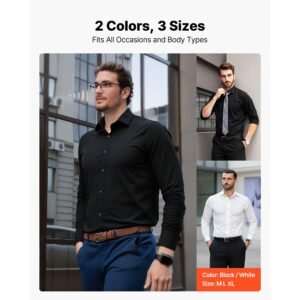 men's button up shirt, mens long sleeve wrinkle free button down dress shirts, slim fit soft stretch fabric for business casual or formal, work, wedding, dinner, black, l size
