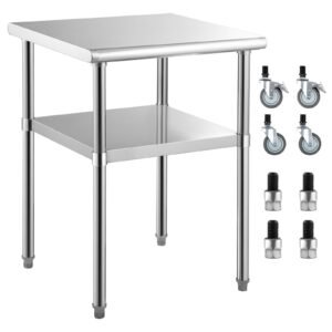 Mesa de preparación de acero inoxidable, 24 x 24 x 36 pulgadas, capacidad de carga de 600 libras, mesa de trabajo de metal resistente con estante inferior ajustable y ruedas universales, estació