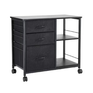 Metal File Cabinet, Mobile Filing Cabinet with 3 Fabric Drawers and 2 Open Shelves, Wooden Vertical Filing Storage Cabinets with Wheels for Letter, A4, Legal Size File, Easy Assembly, Black
