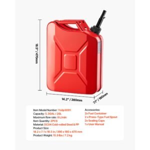 Metal Fuel Container, 5.3 Gallon, Fuel Jerry Can with Spout and Comfort Handle, 6 L/min Max Flow Rate, Leakproof & Corrosion-resistant Metal Gas Tank Most Cars Motorcycle ATV UTV, Red, 2 Packs
