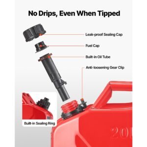 Metal Fuel Container, 5.3 Gallon, Fuel Jerry Can with Spout and Comfort Handle, 6 L/min Max Flow Rate, Leakproof & Corrosion-resistant Metal Gas Tank Most Cars Motorcycle ATV UTV, Red