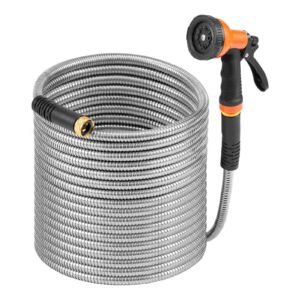 Metal Garden Hose 100 ft, Rust Proof Stainless Steel Water Hose, Heavy Duty Backyard Hose with 10 Function Nozzle, No-Kink & Flexible Water Pipe, Lightweight Metal Hose for Yard, Outdoor
