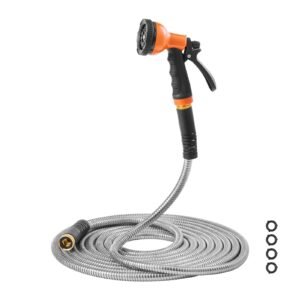 Metal Garden Hose 150 ft, Rust Proof Stainless Steel Water Hose, Heavy Duty Backyard Hose with 10 Function Nozzle, No-Kink & Flexible Water Pipe, Lightweight Metal Hose for Yard, Outdoor