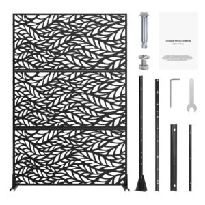 Metal Privacy Screen, 47" W x 72" H, Outdoor Privacy Screens & Panels, Freestanding Outdoor Divider with Stand, 3-Panel Decorative Garden Steel Privacy Fence for Balcony Patio Indoor Room Black
