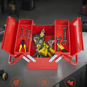metal tool box 14 inch 2 tier 3 tray portable folding tool chest organizer with handle lock hole powder coated steel cantilever toolbox for household factory warehouse repair shop red 2.jpg