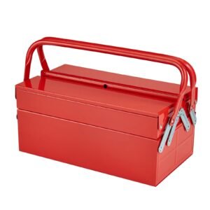 metal tool box 14 inch 2 tier 3 tray portable folding tool chest organizer with handle lock hole powder coated steel cantilever toolbox for household factory warehouse repair shop red 4.jpg