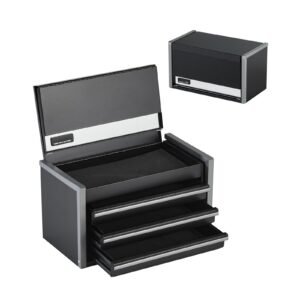 Metal Tool Box, 8.6-inch, Portable Metal Tool Box with 3 Drawers, Small Tool Chest with EVA Liners and PP Feet Pads, Heavy-Duty Steel With Ball Bearing Opening and Powder Coated Finish, Black