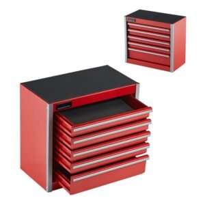 Metal Tool Box, 8.6-inch, Portable Metal Tool Box with 5 Drawers, Small Tool Chest with EVA Liners and PP Feet Pads, Heavy-Duty Steel With Ball Bearing Opening and Powder Coated Finish, Red