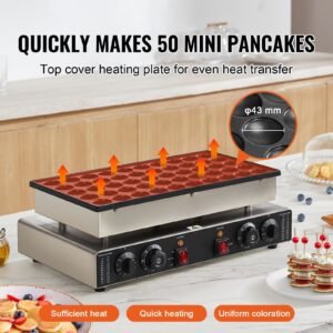 Mini Dutch Pancake Maker, 50PCS 43mm Diameter Dorayaki Baker Machine, 1700W Commercial Electric Poffertjes Grill, Non-stick Stainless Steel, Dual Temp & Time Control, for Home Kitchen Restaurant