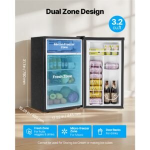 mini fridge, 3.2 cu.ft, single door compact refrigerator, adjustable temperature, glass shelf, energy efficient small refrigerator, reversible door, low noise, for bedroom dorm office, stainless