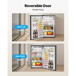 mini fridge, 3.2 cu.ft, single door compact refrigerator, adjustable temperature, glass shelf, energy efficient small refrigerator, reversible door, low noise, for bedroom dorm office, stainless